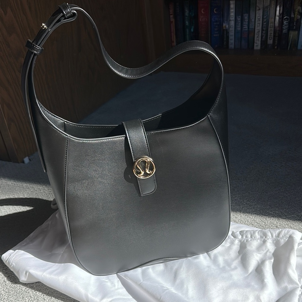lululemon athletica Black Leather Hobo Bag with Gold Logo